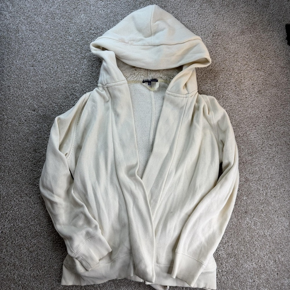Gap Jacket Womens Medium White Knit Faux Fur Lined Hooded Belted Open Front